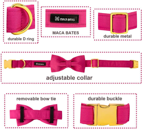 Maca Bates Dog Collar with Adjustable Rose Red Bow Tie, Solid Colors Breakaway Girly Pink Collars for Small, Medium,