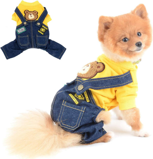 SELMAI Dog Outfits for Small Dogs - Spring Shirts Denim Bib Pants, 2 Pockets Jumpsuits for Cats & Puppies, Autumn