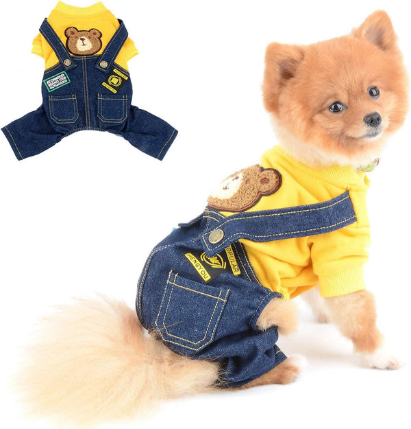 SELMAI Dog Outfits for Small Dogs - Spring Shirts Denim Bib Pants, 2 Pockets Jumpsuits for Cats & Puppies, Autumn