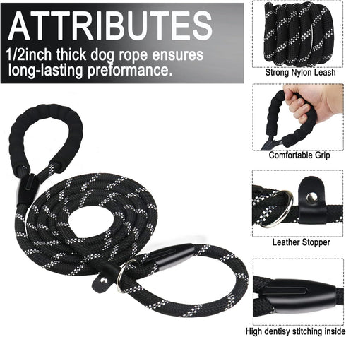 6 FT Heavy Duty Dog Leash with Comfortable Padded Handle, Reflective Threads for Small Medium Large Dogs (Black)
