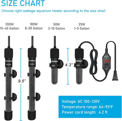 YukiHalu Adjustable Mini Fish Tank Heater, Small Submersible Aquarium Heater 25W 50W 100W 200W 300W with External