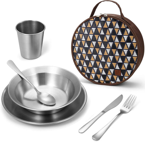 Odoland Camping Complete Messware Kit - Polished Stainless Steel Camp Dinnerware, Cutlery Organizer Set