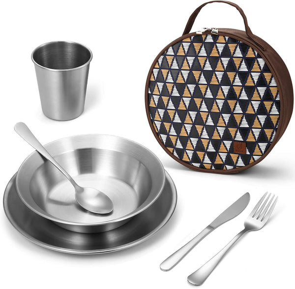Odoland Camping Complete Messware Kit - Polished Stainless Steel Camp Dinnerware, Cutlery Organizer Set
