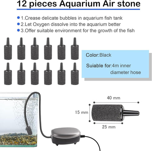 101.7 feet Black Aquarium Airline Tubing, 12 Air Stones, 12 Check Valves, 12 Suction Cups, 6 Hose Connectors