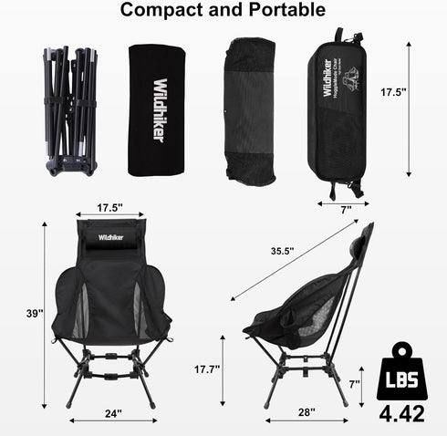 Wildhiker Compact High Back Camping Chair - Foldable with Dual Sitting Modes, Pillow, Arm Pads and Side Pockets