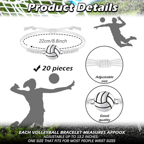 Jadive 20 Pieces Adjustable Volleyball Charm Bracelets Bulk Gifts for Sports Coaching Supplies Players