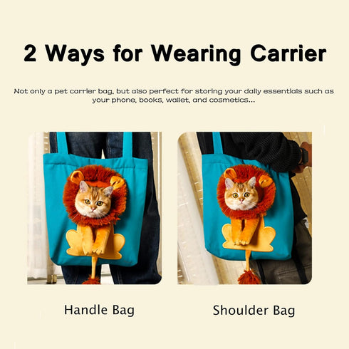 Dog Tote Bag with Zipper, Cat Shoulder Carrier, Lion-Shaped Pet Canvas Bag for Daily Use Walking Travel (L, Acid Blue)