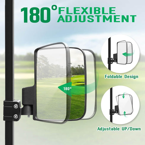 No Drilling Universal Golf Cart Side Mirrors, Fit EZGO, Club Car, Yamaha, ICON, Star, Zone - Large HD Folding Mirrors