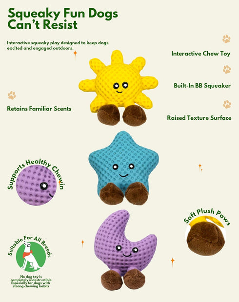 3-in-1 Set: Deeow Dog Toys Star, Moon & Sun Plush Squeaky Pet Toys, Super Soft for Calming Play Enrichment, Best