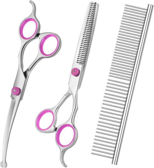 Dog Grooming Scissors Kit with Safety Round Tips, Stainless Steel Professional Pet Grooming Scissors, Thinning, Curved