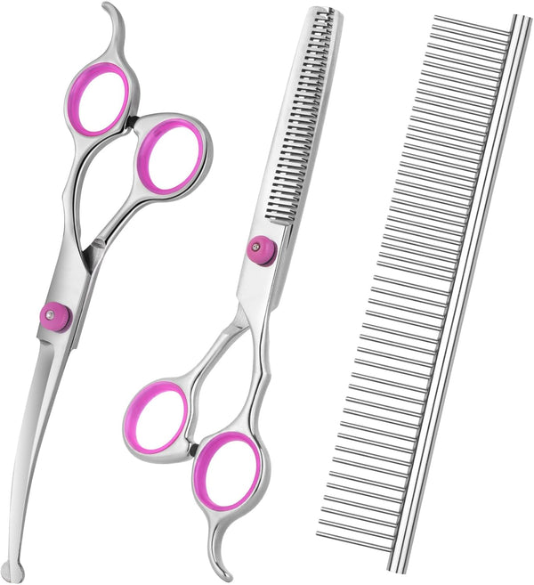 Dog Grooming Scissors Kit with Safety Round Tips, Stainless Steel Professional Pet Grooming Scissors, Thinning, Curved