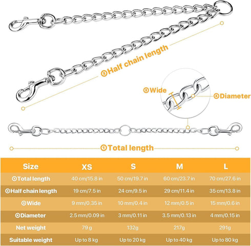 PETTOM 2 Way Dog Lead, Metal Chain Double Pet Clip Leash Coupler, 360° Swivel, No Tangle, S 3.0mm*50cm, Silver