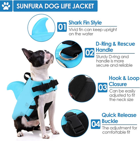 SUNFURA Dog Life Jacket Shark Life Vest for Dogs – Adjustable Swimming Vest with High Buoyancy, Safety Lifesaver for