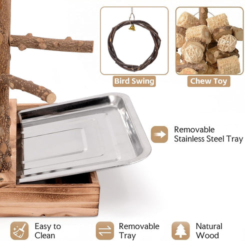 BRSLAIF Natural Wood Bird Perch Stand, Multi-Layer Parrot Playground Gym with Feeding Cups and Toys, Real Branch