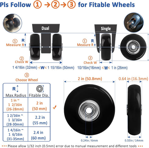ASUNTOM 50x14mm, 8PCS Luggage Wheels Replacement Swivel Caster Wheels with Axles & Repair Kit, Precision Ball Bearings