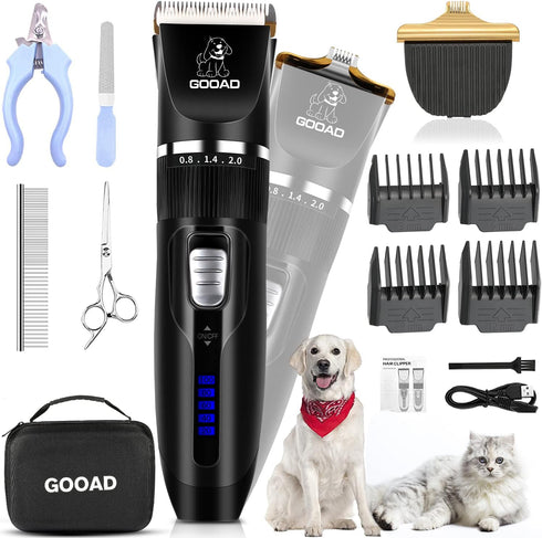 Dog Clippers Grooming Kit, Cordless, Low Noise, Rechargeable, Pet Hair Clippers for Thick Coats, Black