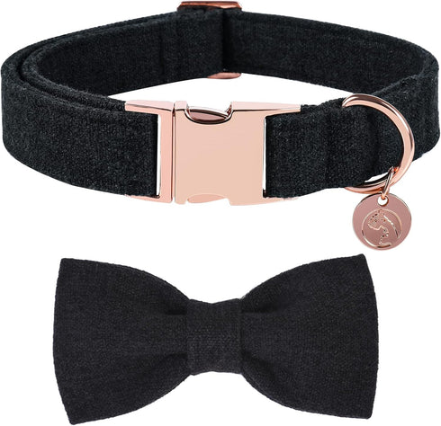 DOGWONG Hemp Cotton Dog Collar with Bow, Durable Adjustable Pet Collar for Small Medium Large Dogs (Black)