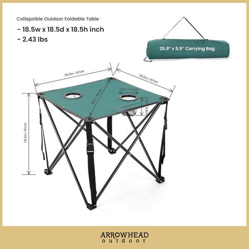 26 (66cm) 2 600D ARROWHEAD OUTDOOR Portable Camping Folding Table, Cup Holders, Square, Carrying Case, Steel Frame