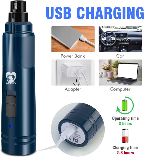 Casfuy Dog Nail Grinder with LED Light, Upgraded 2-Speed Electric Trimmer for Small Medium Large Dogs, Dark Blue