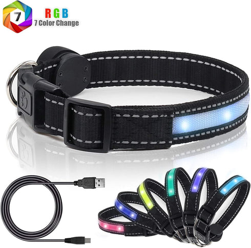 Light Up Dog Collars - Safety LED Dog Collars USB Rechargeable - 7 Changing Colors Glow in The Dark - Adjustable for