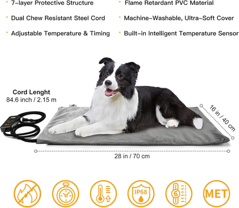 Toozey Pet Heating Pad, 6 Adjustable Temperature Dog Cat Heating Pad with Timer, Indoor Heating Pads for Dogs with Chew