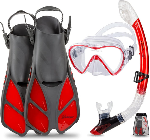 Seavenger Aviatar Diving Dry Top Snorkel Set with Adjustable Open-Heel Fins, Single-Lens