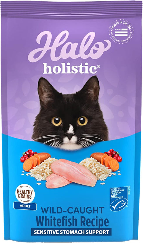 Halo Holistic Dry Cat Food, Wild-caught Whitefish Recipe for Sensitive Stomach Support, 3-lb Bag