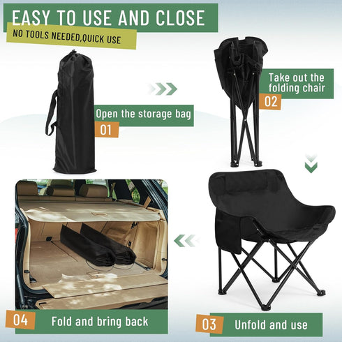Seeloowy 2 Pack 600D 330lbs(Black) Compact Camping Chairs Portable Folding for Outside with Carry Bag Lightweight Moon