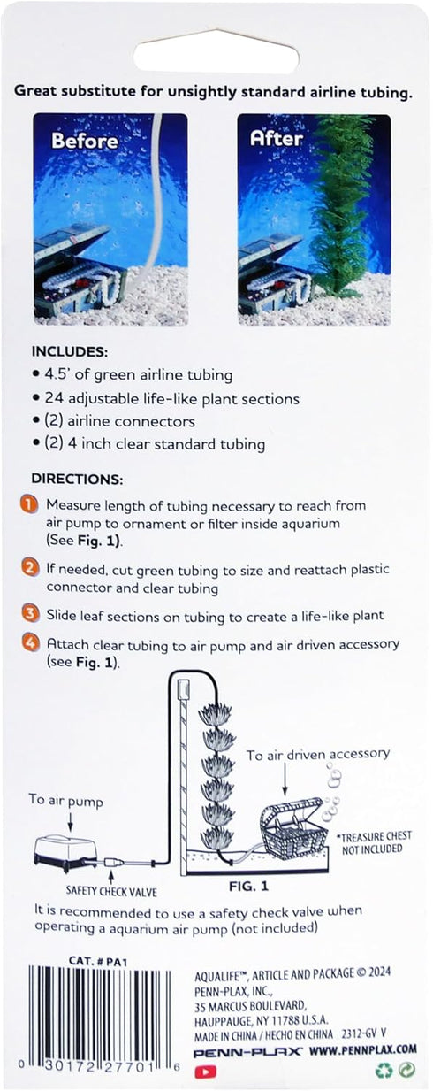 Penn-Plax Plant-Air Airline Tubing for Aquariums, 60" Tubing That Looks Like an Aquarium Plant (PA1)