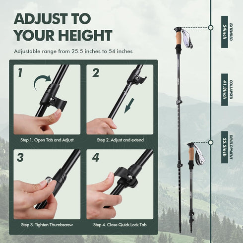 KINGGEAR Adjustable Hiking Poles, Walking Sticks with Quick Flip Lock, Lightweight Collapsible, Durable Aluminum