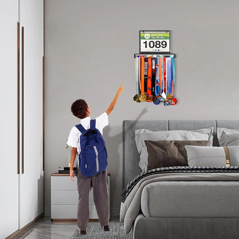 40+ 20 Swimmer Race Bib and Medal Display Hanger - Holds Medals & Race Bibs with Flip Vinyl Sleeves, Running Bib