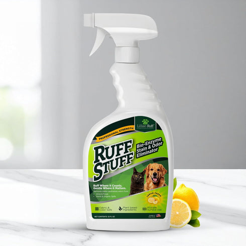 32oz RUFF STUFF Max Strength BioEnzyme Stain Remover Spray & Pet Odor Eliminator: Fabric-Safe Dog & Cat Urine Destroyer