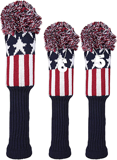 Golf Builder 3pcs USA Stars and Stripes Knitted Golf Head Cover, Driver Fairway Wood Pom Pom