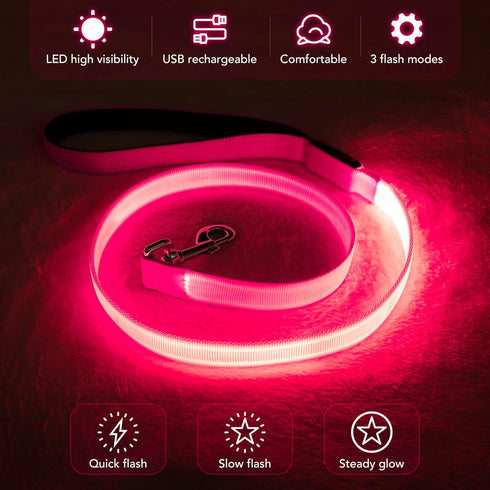 LED Dog Leash, Light Up 4 Feet Micro USB Rechargeable Nylon Webbing Glow Safety Standard Leash, Pink
