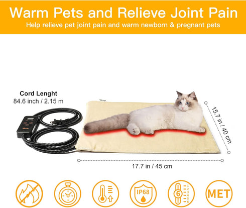 Toozey Pet Heating Pad - 6 Adjustable Temperature Dog Cat Heating Pad with Timer, Indoor Electric Heated Mat