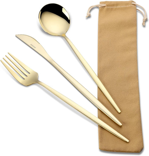 Travel Utensils with Case, 3 Pieces Reusable Stainless Steel Portable Lunch Silverware Set