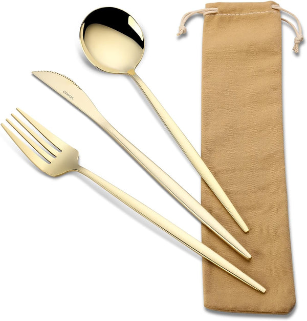 Travel Utensils with Case, 3 Pieces Reusable Stainless Steel Portable Lunch Silverware Set