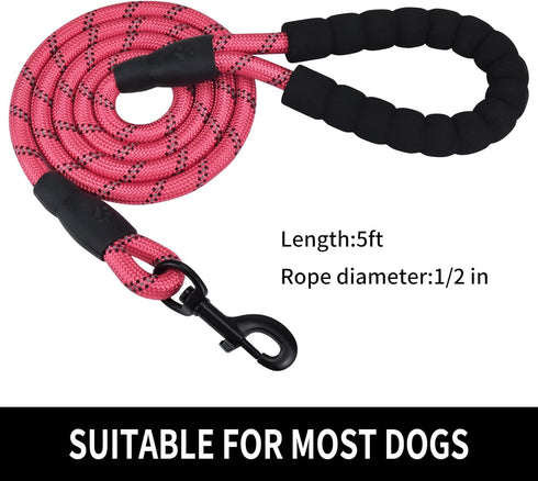 5/6 FT Strong Dog Leash for Pets, Highly Reflective Rope, Soft Padded Handle, 360-Degree Rotating Metal Buckle, 5ft