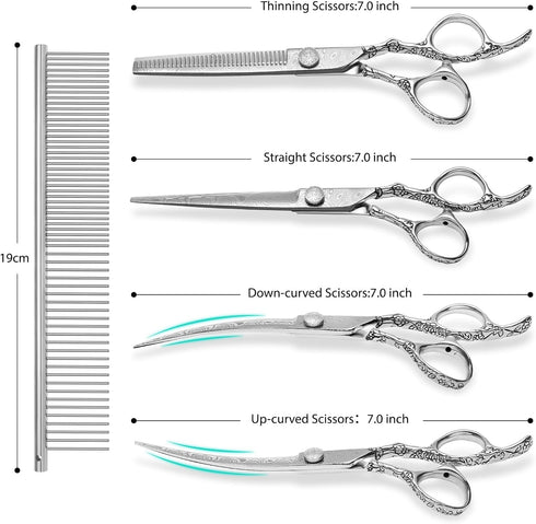 Tips,5 1 Set Dog Grooming Scissors,Silver with Safety Round in Curved Dog Scissors for Grooming,Professional Pet