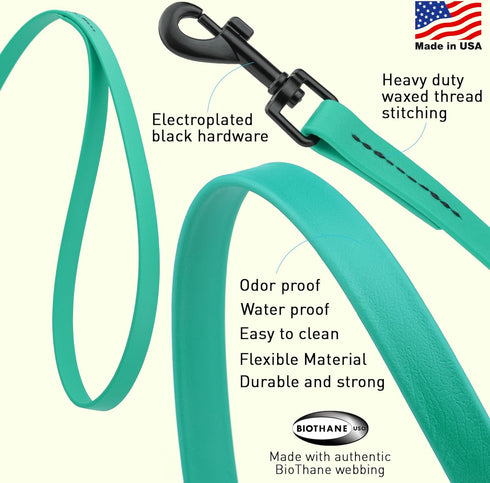 Dogline Biothane Waterproof Dog Leash Strong Coated Nylon Webbing with Black Hardware Odor-Proof for Easy Care Easy to Clean High Performance for Small or Large Dogs Made in USA 4 or 6 ft Lead