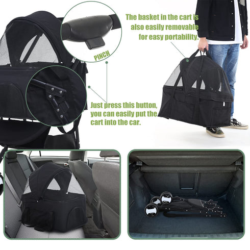 NChanmar 3-in-1 Dog Stroller Cat Stroller Pet stoller Folding Dog Stroller for Small Medium Dogs Cats with Detachable