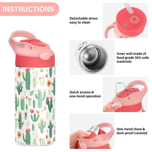 Wfrish 12 oz Colorful Cacti Flowers Kids Water Bottle with Straw Lid Insulated Stainless Steel Travel Tumbler BPA-Free