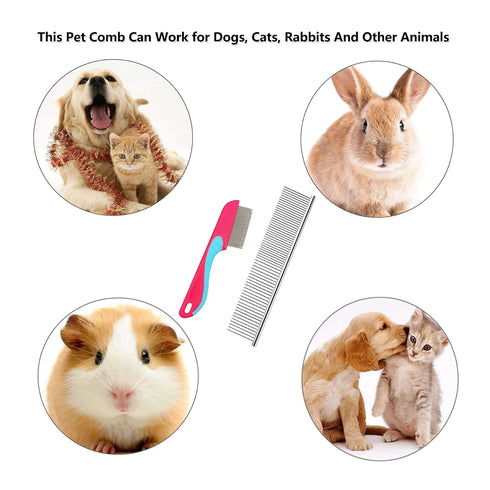 Metal Dog Comb & Cat Comb Set, Silver+Pink Pet Grooming Combs for Dogs and Cats