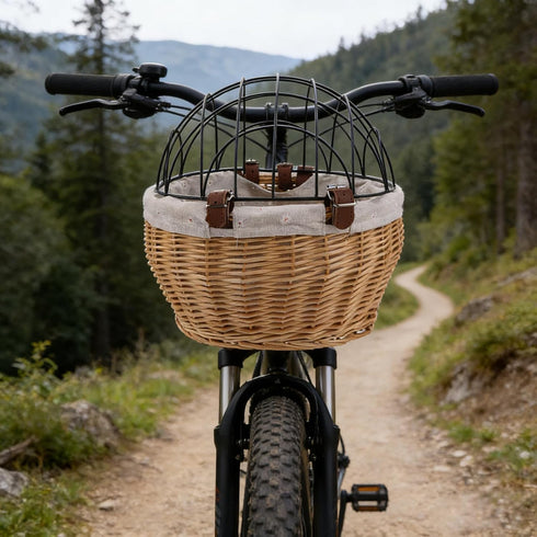 Commuting Puppy Bike Carrier Handwoven Wicker Pet Basket with Straps for Dog Cat Riding, Front Mounted Animal Carrier