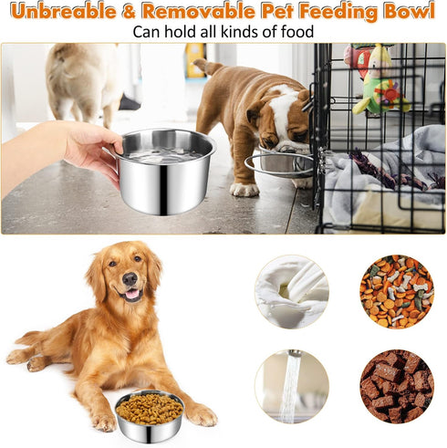 Dog Crate Water Bowl, 2 pcs Stainless Steel Large Dog Bowls 40oz & 60oz, Durable Anti-Spill Pet Metal Bowl