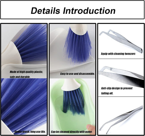Tiny Cleaning Broom, Scooper Feeding Tool, Mini Dustpan and Brush, Stainless Steel Tweezer for Reptiles