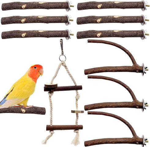 EBaokuup Bird Parrot Perch Set, 10PCS Natural Wood Stand for Budgies, Cockatiels, Conure