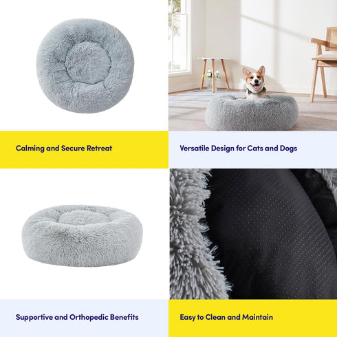 Dog & Cat Bed: Round Faux Fur Pet Bed, Plush Cozy Calming Donut Bed for Small Pets, Soft Comfortable Cushion for