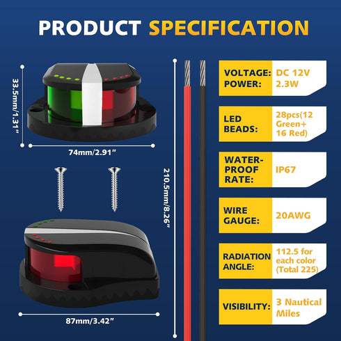 IP67, 12V Boat Navigation Lights LED, Red and Green Marine Navigation Lights for Boats LED Waterproof Bi-Color Bow