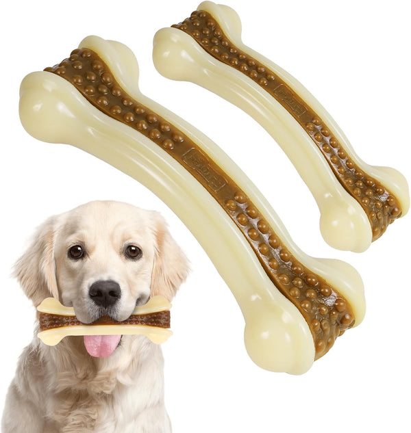 Dog Chew Toys for Aggressive Chewers - 2 Pack Nylon Durable Bones with Real Beef Flavor for All Breeds